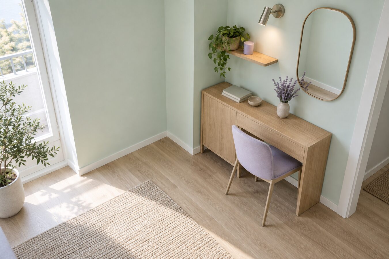 Compact mint room with a small wall task light